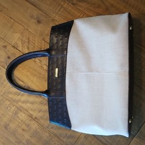 St. John tan linen tote bag with SJ embossed detailing across top.